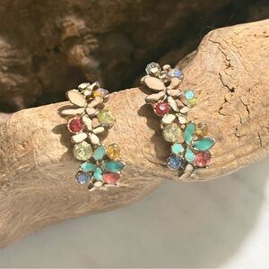 Vintage Enamel Butterfly And Rhinestone Half Hoop Earrings
